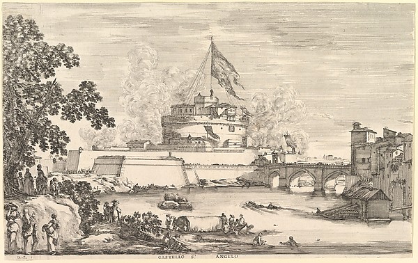 Stefano della Bella, View of the Tiber river, a large tree to left, two groups of women to left in the foreground, a bridge leading to the Castello Sant'Angelo to left, above which a large flag is hoisted, clouds of gunsmoke to right and left of the castle