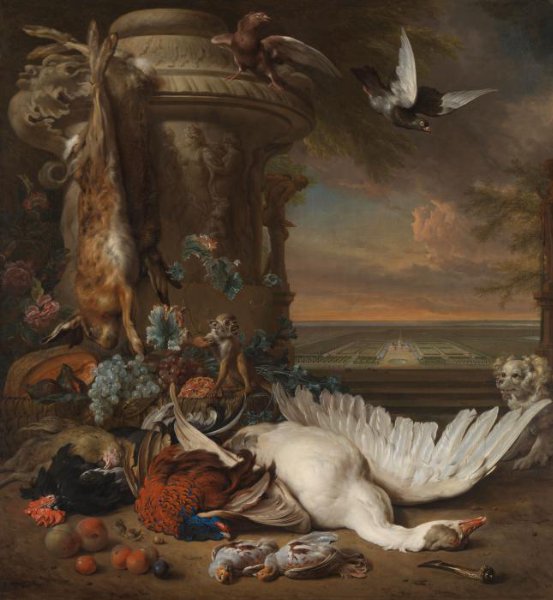 Jan Weenix, Hunting and Fruit Still Life next to a Garden Vase, with a Monkey, Dog and two Doves, in the distance Rijksdorp near Wassenaar, Seat of Jacob Emmery, Baron of Wassenaar