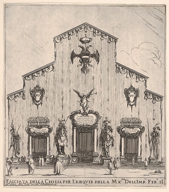 Stefano della Bella, Façade of the church of San Lorenzo in Florence, decorated with the emperor's arms, four figures of death flanking the three entrances, the two in center on horseback, a large angel above central door, from "Ceremonies for the Funeral of Emperor Ferdinand II" (Funérailles de l'empereur Ferdinand II)