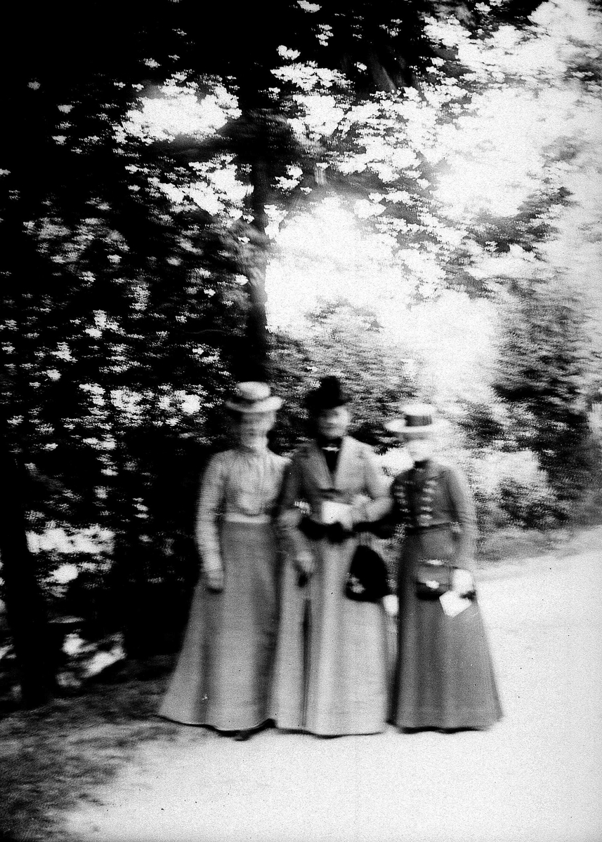 Juliane Fredrikke Langberg, 3 kvinner med hatt arm i arm utendørs (som NF.15386-058). Sigrid f. Holm (t.v.) , fotografens niese, ant. på besøk hos sine svigerforeldre i Hamburg. Svigermor, fru Hudtwalcker i midten, t.h. frk. Hudtwalcker, ant. hennes svigerinne. Damene er kledd i fotside drakter med vesker til. Svigermor har o…