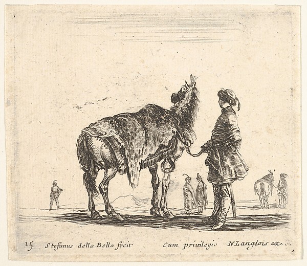 Stefano della Bella, Plate 15: a Polish nobleman, facing away, holding his horse covered in leopard skin, four men and a horse in background, from "Diversi Capricci"