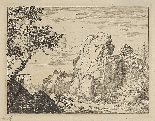 Allart van Everdingen, Two Men Seated at the Foot of a High Rock