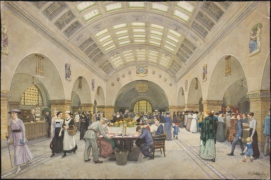Heinrich Seeling, Rathaus, Berlin-Charlottenburg Erweiterung: Perspektivische Innenansicht Halle der Stadtsparkasse