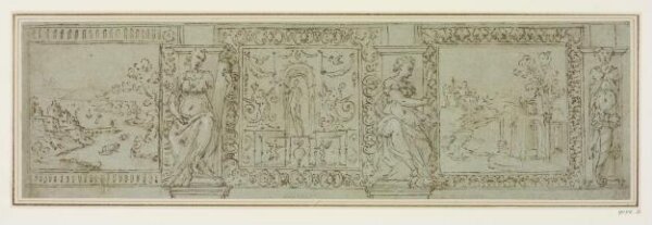 Unknown, Design for a frieze with panels containing landscapes seperated by figures and chimaeras