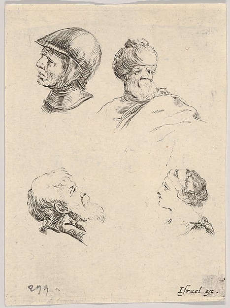 Stefano della Bella, Plate 8: Four small heads, a soldier at upper left, a Turk with a turban and beard at upper right, a bearded man in profile at bottom left, a young woman in profile at bottom right, from "The Book for Learning to Draw" (Livre pour apprendre à dessiner)