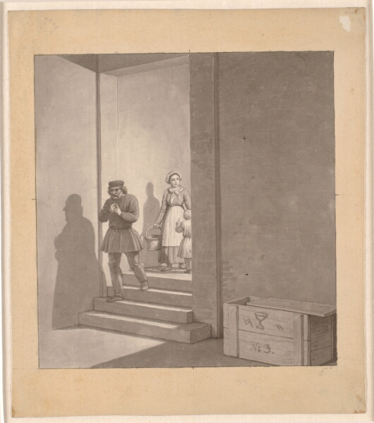 C.W. Eckersberg, Mand på vej ned ad trappe, i baggrunden kvinde og barn