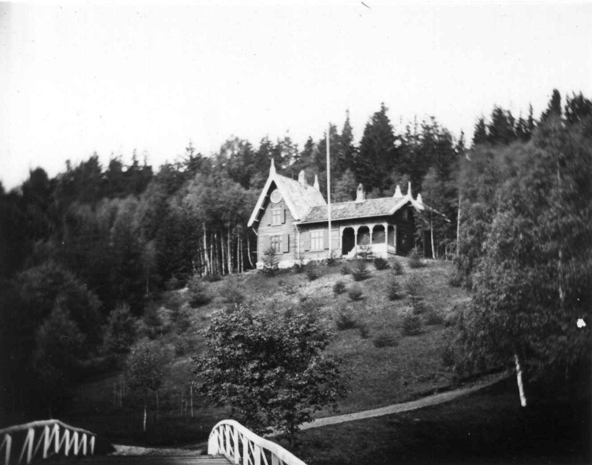 Fredrik Emil Faye, Dal gård, Ullensaker, med Bjørnsrud, huset der kammerherre Faye hadde sine samlinger. Broparti i forgrunnen. Fra serie fotografert av kammerherre Fredrik Emil Faye (1844-1903), gårdens eier.