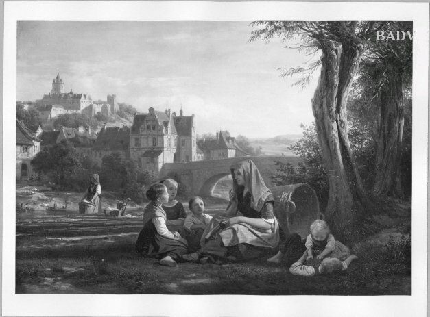 Friedrich Eduard Meyerheim, Landscape : a talking woman with children near a town