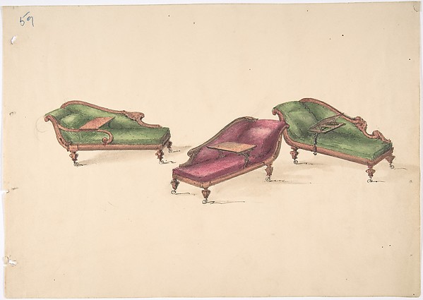 Anonymous, British, 19th century, Design for Three Reclined Reading Sofas with Trays, on Casters, Upholstered in Green and Red