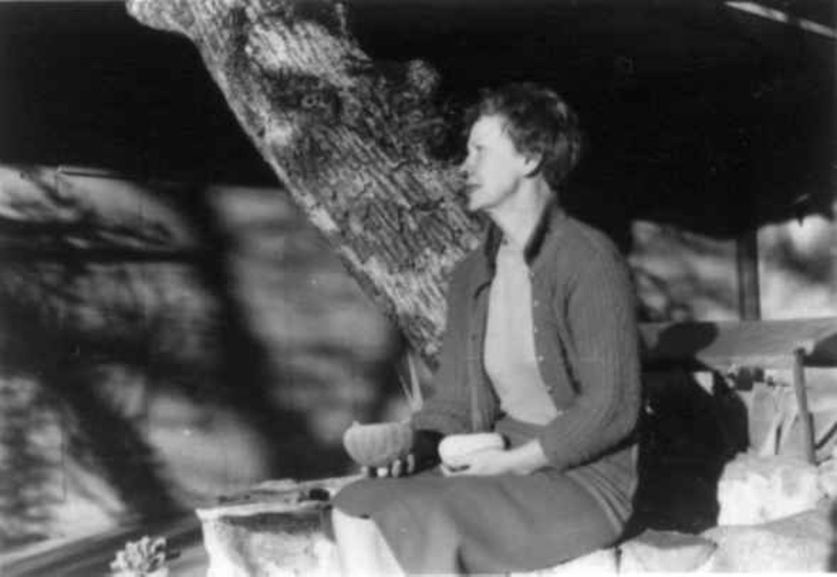 Virginia Raymond Davidson, En kvinne sitter ved et tre. Samisk utstilling i California 1963.