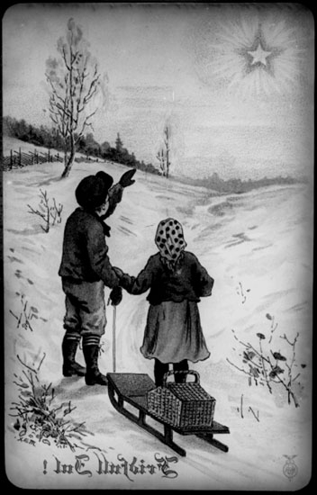 Unknown artist, Teckning. Motiv: vinterbild, en pojke och en flicka med kälke tittar på en stjärna på himlen. Texten på bilden: "Fridfull Jul!"