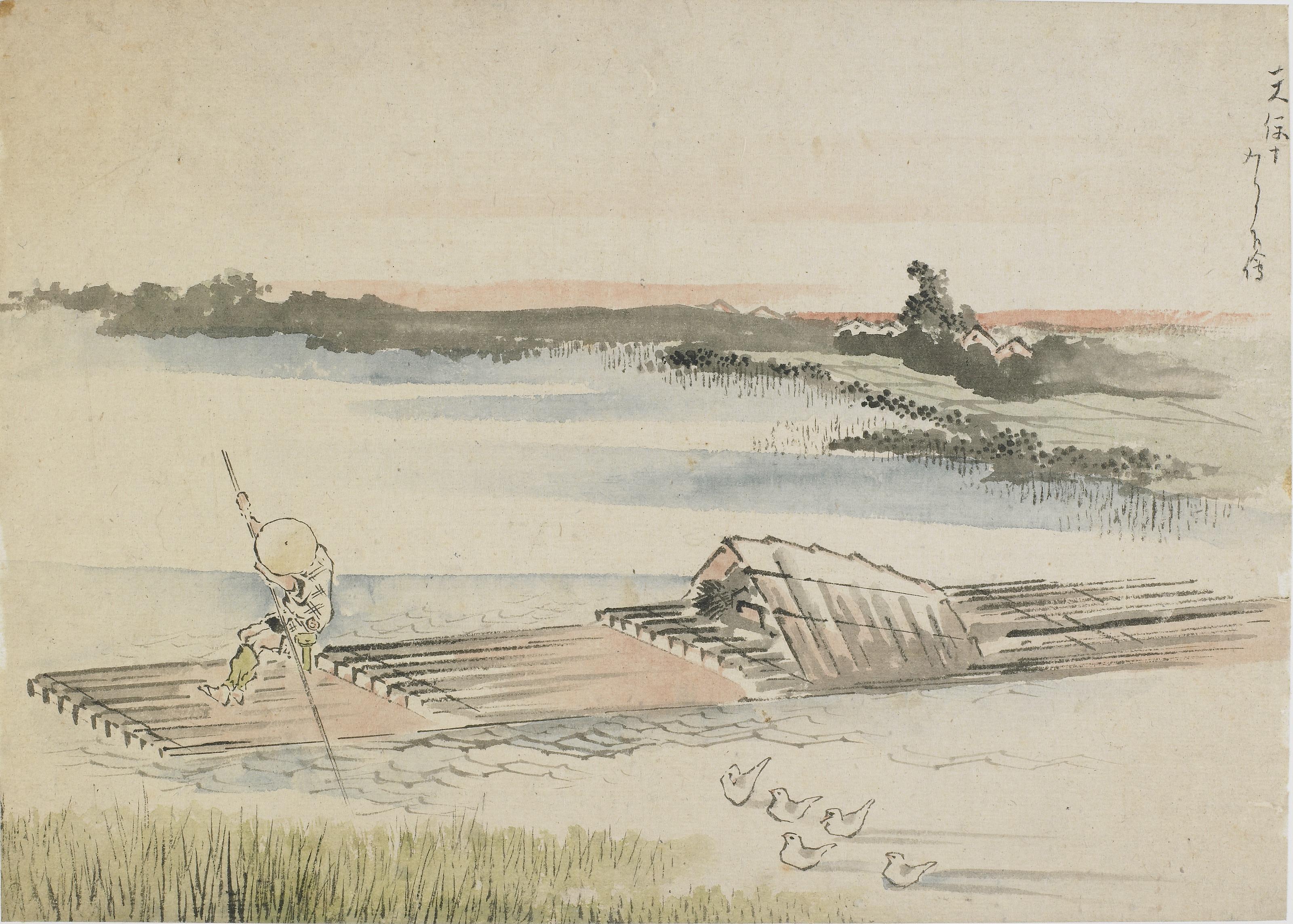 Katsushika Hokusai, Landscape: boatman poling his raft