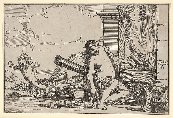 Giulio Carpioni, Fire, represented by Venus seated before Vulcan's forge, with armor, a cannon, and cannon balls surrounding her, she turns her head toward Cupid, who stretches his body away from her, from "The Elements"