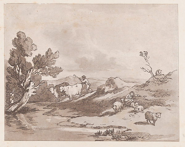 Thomas Rowlandson, Landscape with a Figure Herding Cattle to Water