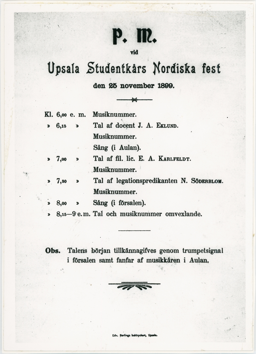 Okänd,, P. M. vid Upsala Studentkårs Nordiska fest 25 november 1899