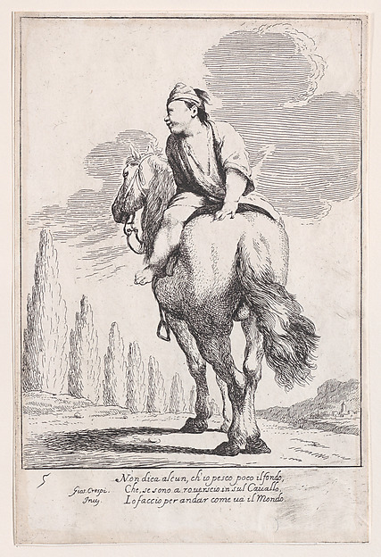 Giuseppe Maria Crespi, Plate 19: Cacasenno riding a horse backwards, from "Bertoldo, Bertoldino, and Cacasenno"