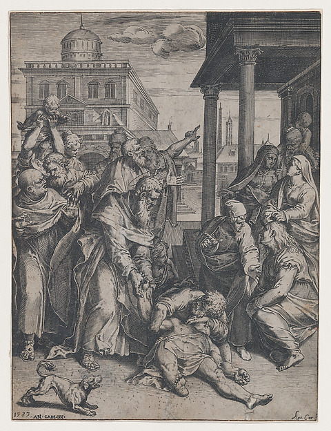 Agostino Carracci, Saint Paul raising Patroclus who is on the ground, surrounded by a group of onlookers, a dog in the foreground at left