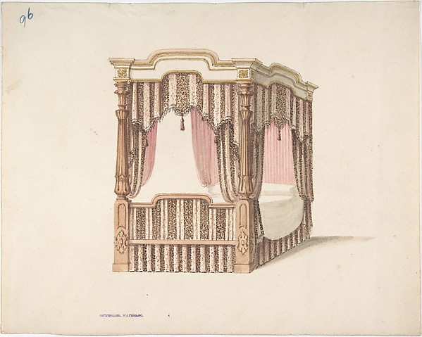 Anonymous, British, 19th century, Design for a Four-poster Bed with Pink, Brown and White Draperies