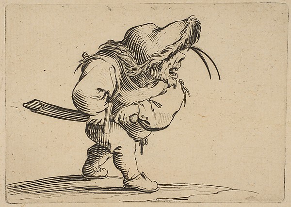 Jacques Callot, L'Homme S'Apprêtant a Tirer son Sabre (Man Preparing to Draw his Sword), from "Varie Figure Gobbi, suite appelée aussi Les Bossus, Les Pygmées, Les Nains Grotesques" (Various Hunchbacked Figures, The Hunchbacks, The Pygmes, The Grotesque Dwarfs)