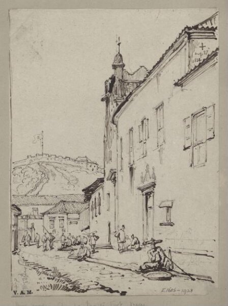 George Chinnery, A view past the Misericordia Church towards Fort Monte, Macau