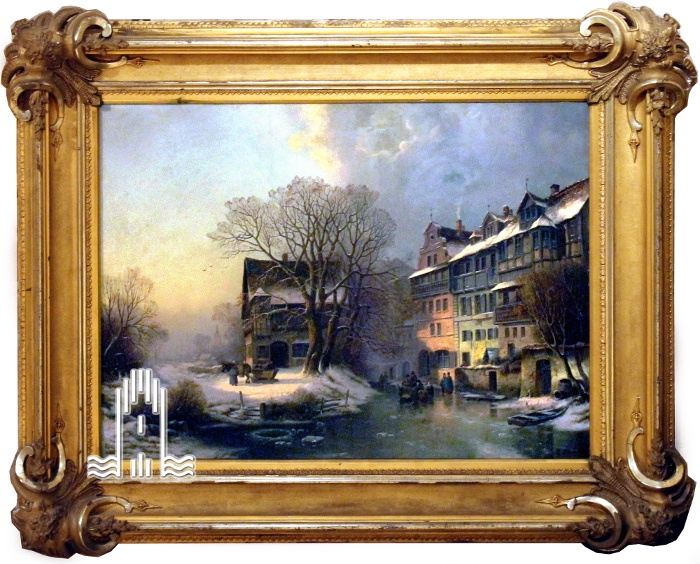 Unknown artist, "Prager Landschaft" Ölgemälde, eingefasst in kunstvoll verzierten Stuck-Bilderrahmen.
