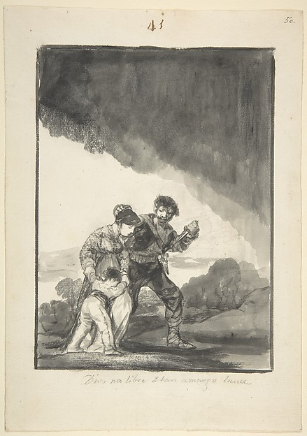 Goya (Francisco de Goya y Lucientes), God save us from such a bitter fate; a bandit threatening a woman and a child with a knife, page 41 from the "Black Border Album" (E)