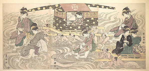 Utagawa Toyokuni I, Fair Travellers Fording the River Oi
