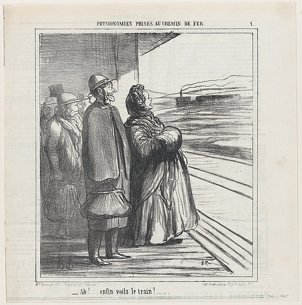 Honoré Daumier, Finally! Here comes the train, from 'People on the train,' published in Le Charivari, February 1, 1865