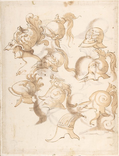 Anonymous, Italian, 16th century, Designs for Nine Helmets (recto); Designs for Seven Helmets (verso)