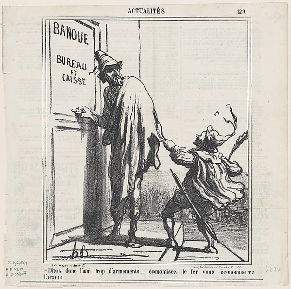 Honoré Daumier, Listen, you friend of rearmament..... if you saved on steel you could also save some money!, from 'News of the day,' published in Le Charivari, July 6, 1867