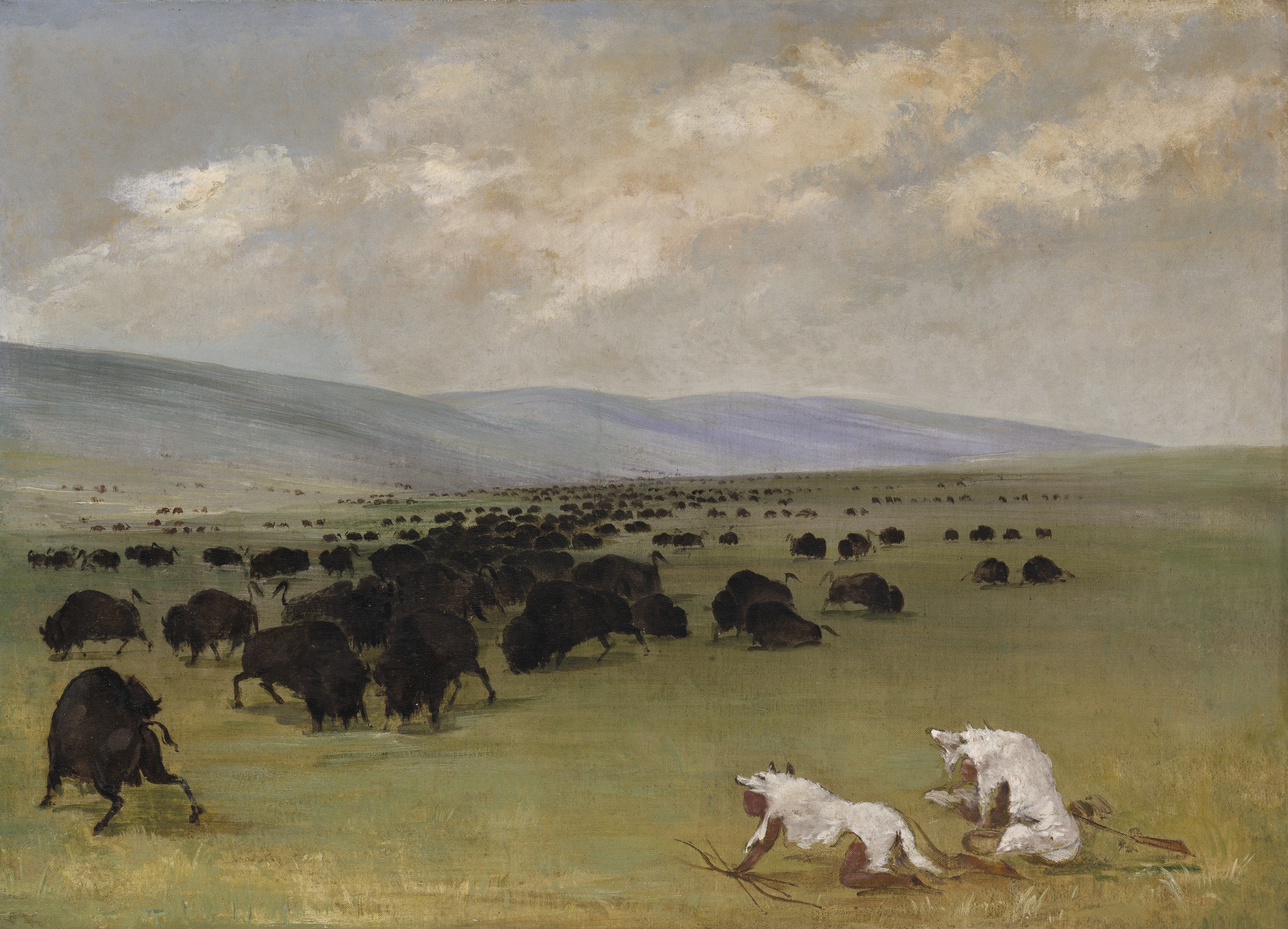 George Catlin, Catlin and His Indian Guide Approaching Buffalo under White Wolf Skins