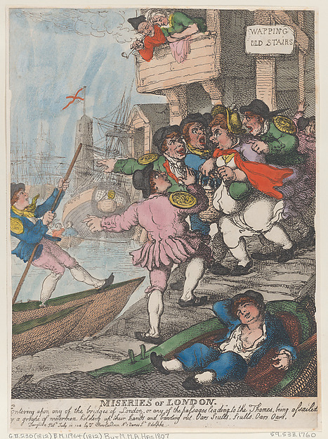Thomas Rowlandson, Miseries of London: Entering upon any of the bridges of London or any of the passages leading to the Thames being assailed by a group of watermen holding up their hands and bawling out. Oars Sculls. Sculls. Oars. Oars.
