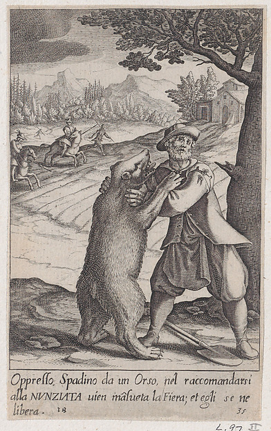 Jacques Callot, Spadino and the Bear, from Scelta d'Alcuni Miracoli e Grazie della Santissima Nunziata di Firenze (Selection of Some Miracles and Graces that Occurred in the Church of the Annunziata in Florence)