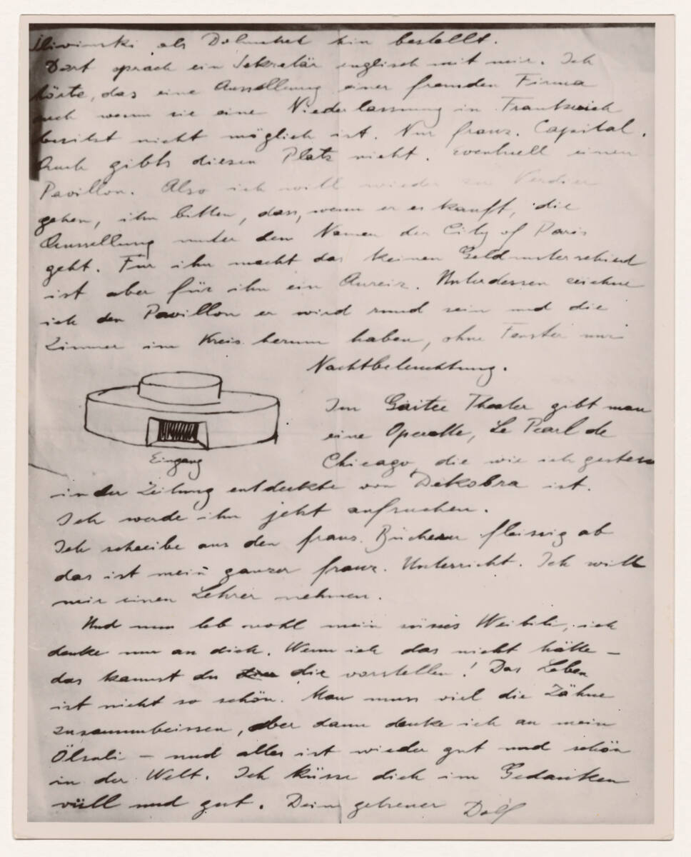 Anonym, Ausschnitt aus einem Brief von Adolf Loos aus Paris an Elsie Altmann-Loos mit Zeichnung eines Ausstellungspavillons