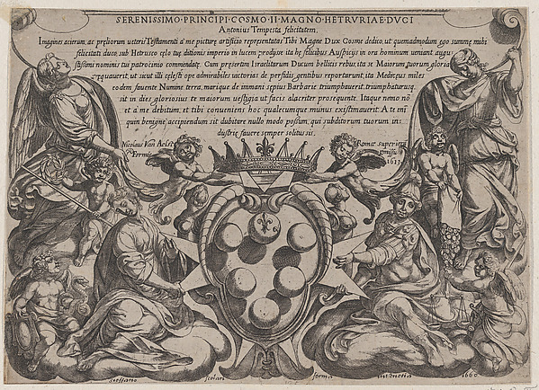 Antonio Tempesta, Frontispiece to "The Battles of the Old Testament" with the arms of the Medici Crowned by Two Putti