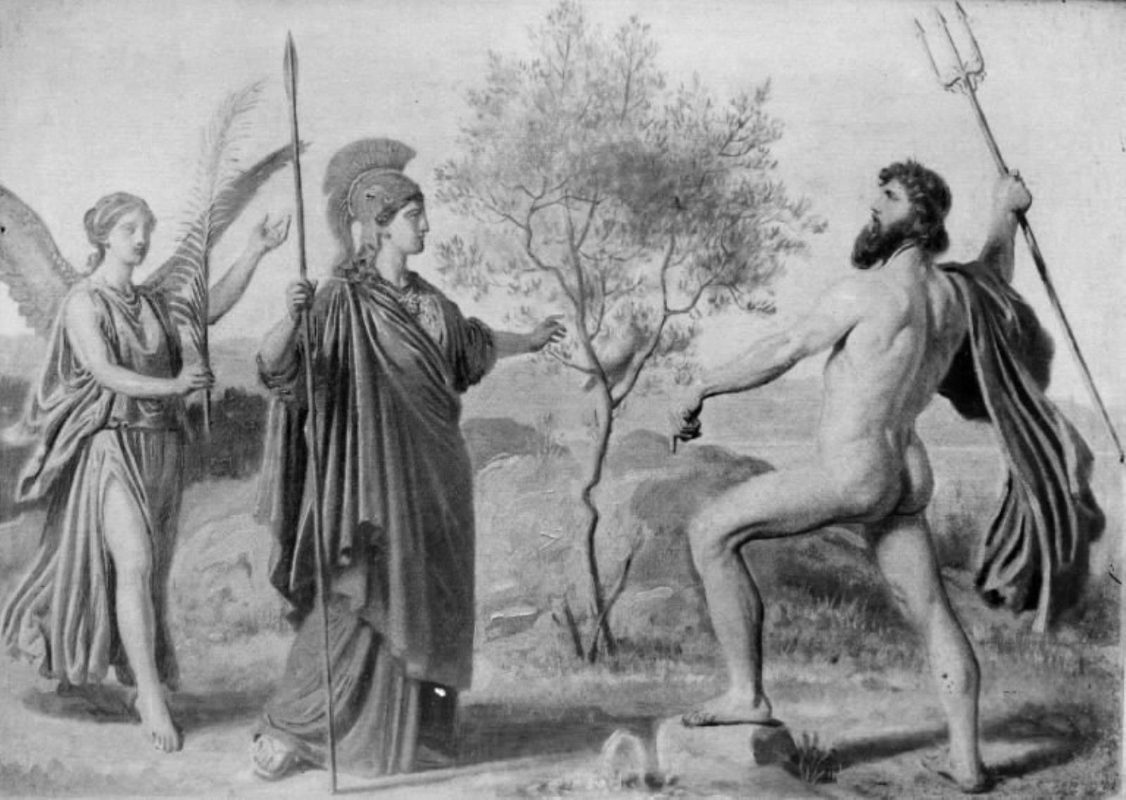 Constantin Hansen, Athene, fulgt af sejsgudinden Nike, tvistes med Poseidon om besiddelsen af Attika