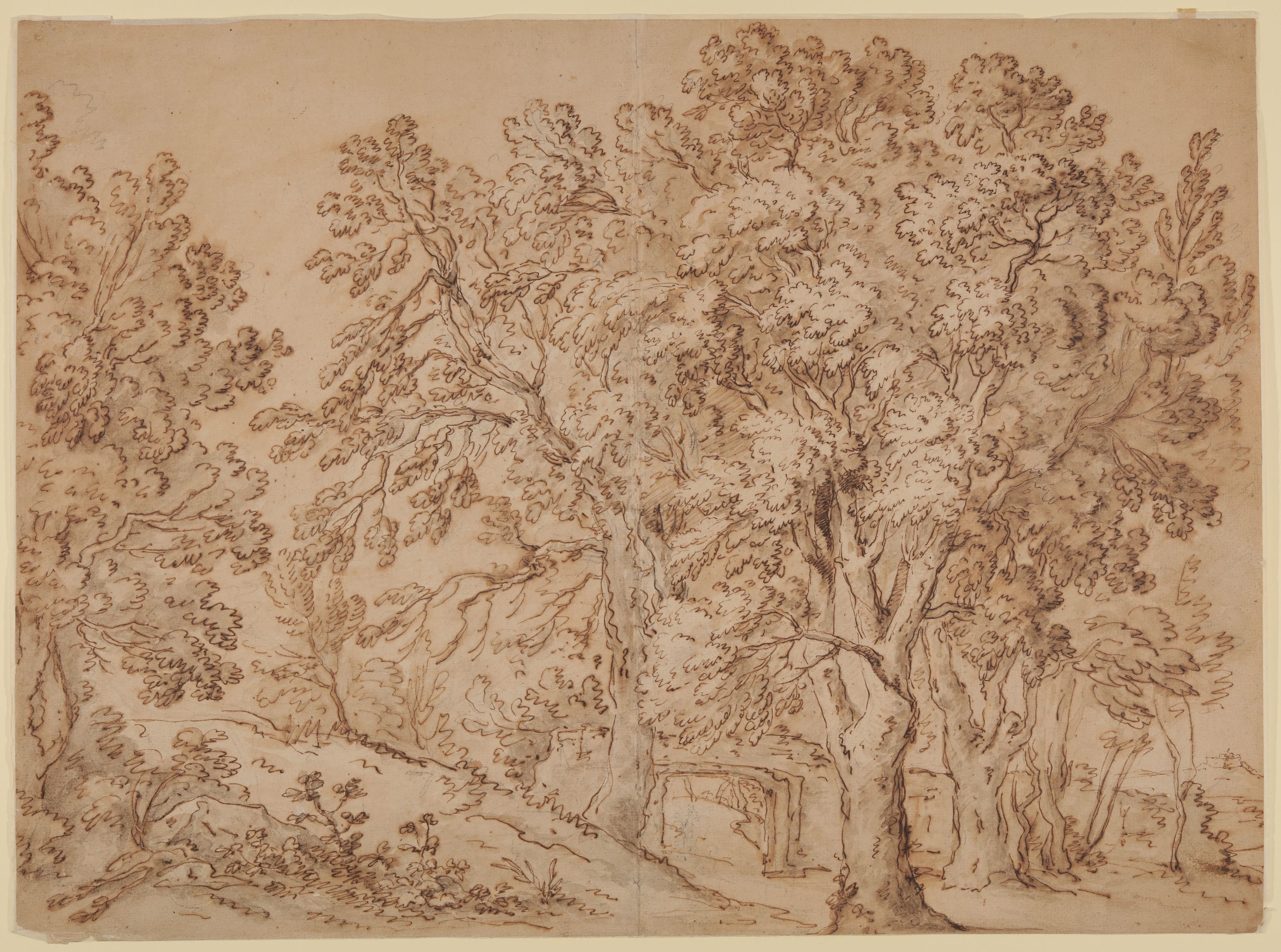 Johann Wolfgang von Goethe, Landschaft mit Bäumen, Brücke und einem Kastell im Hintergrund