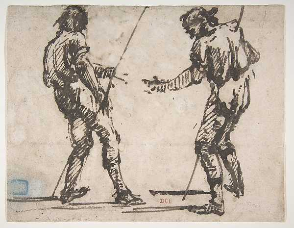 Giovanni Battista Piranesi, Two Men Holding Long Staffs (recto); Proof impression of part of an etching, and scribbles in the artist's hand (verso)