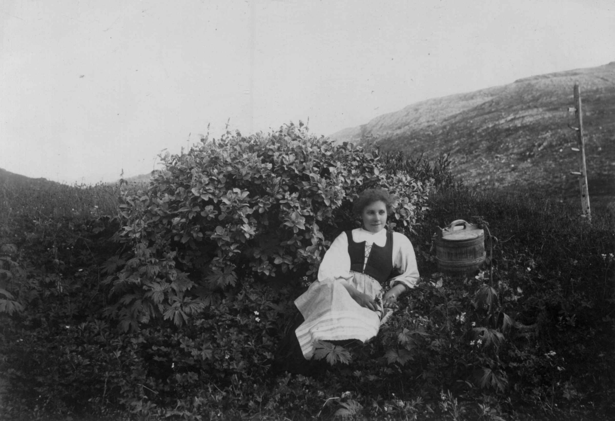 Robert Collett, Kvinne i landskap, ukjent sted, muligens i drakt fra Gudbrandsdalen, Oppland. Ambar? plassert ved siden av henne. Serie tatt av Robert Collett (1842-1913), amatørfotograf og professor i zoologi.