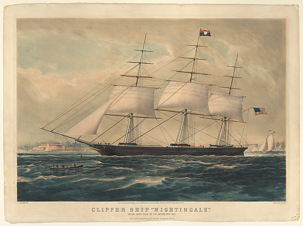 James E. Buttersworth, Clipper Ship "Nightingale" getting under weigh off the Battery, New York