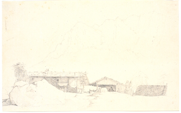 Wilhelm Bendz, Træhuse. Bjerge i baggrunden