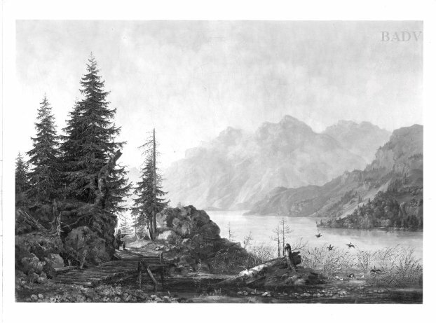 Heinrich Bürkel, landscape: a hunter at a mountain - lake