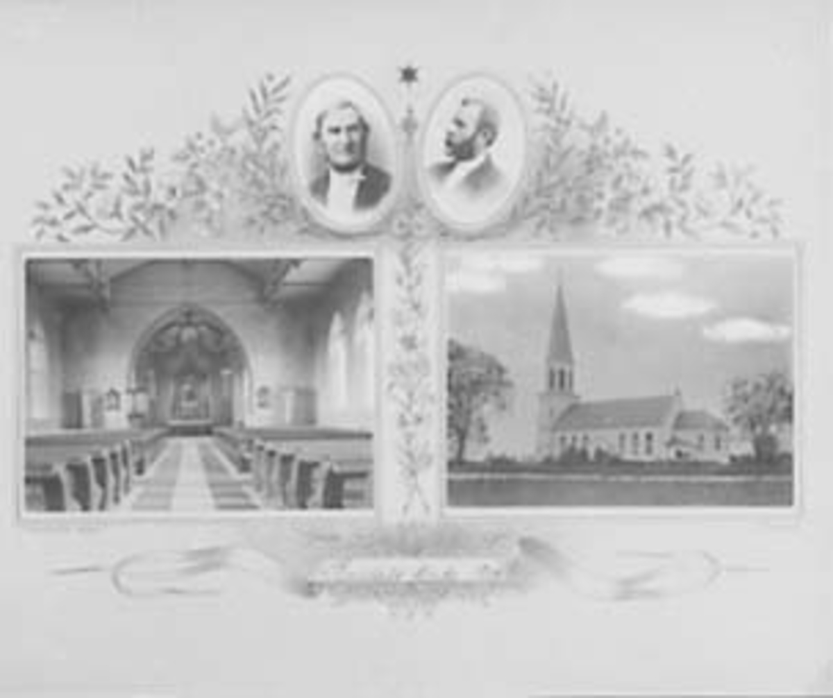 Anno Domkirkeodden, MONTASJE, ROMEDAL KIRKE, PORTRETT: 2 PRESTEREGNE NEGATIVER AV EKSTERIØR OG INTERIØR