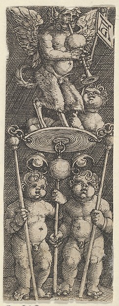 Heinrich Aldegrever, Vertical Panel with Two Children Supporting a Pedestal with a Satyr Playing a Bagpipe
