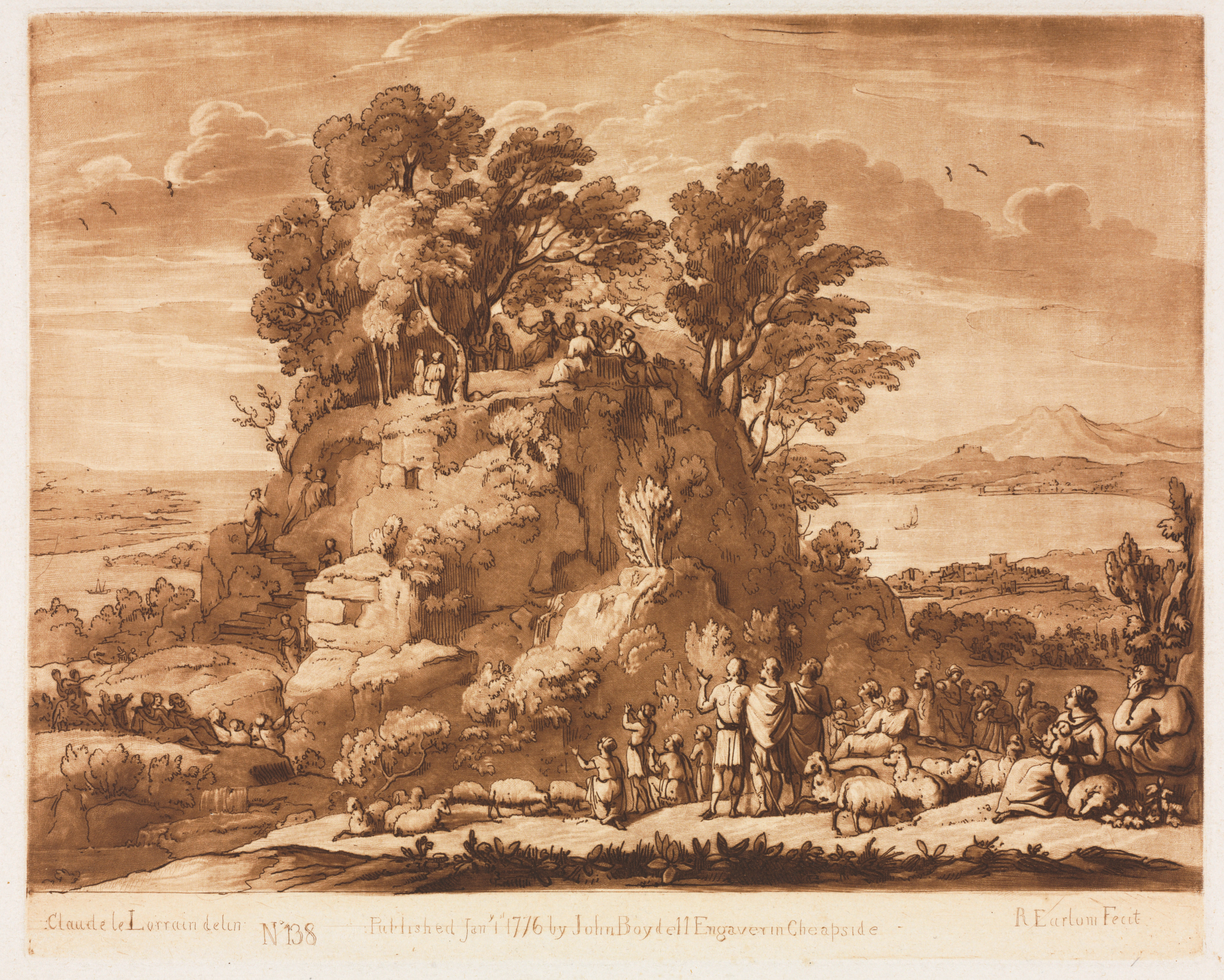 Richard Earlom, Liber Veritatis:  No. 138, A View of the Sea, with Christ Preaching on the Mount (the water below may probably be intended for the Sea of Tiberius)