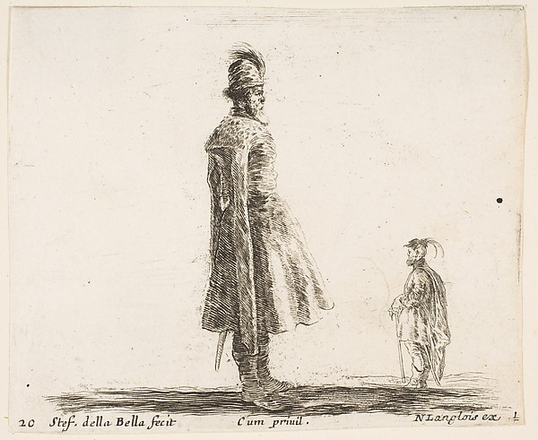 Stefano della Bella, An old Polish nobleman wearing a plumed hat in center, standing in profile facing right, another Polish man to right in background, standing in profile facing left, plate 20 from "Diversi capricci"