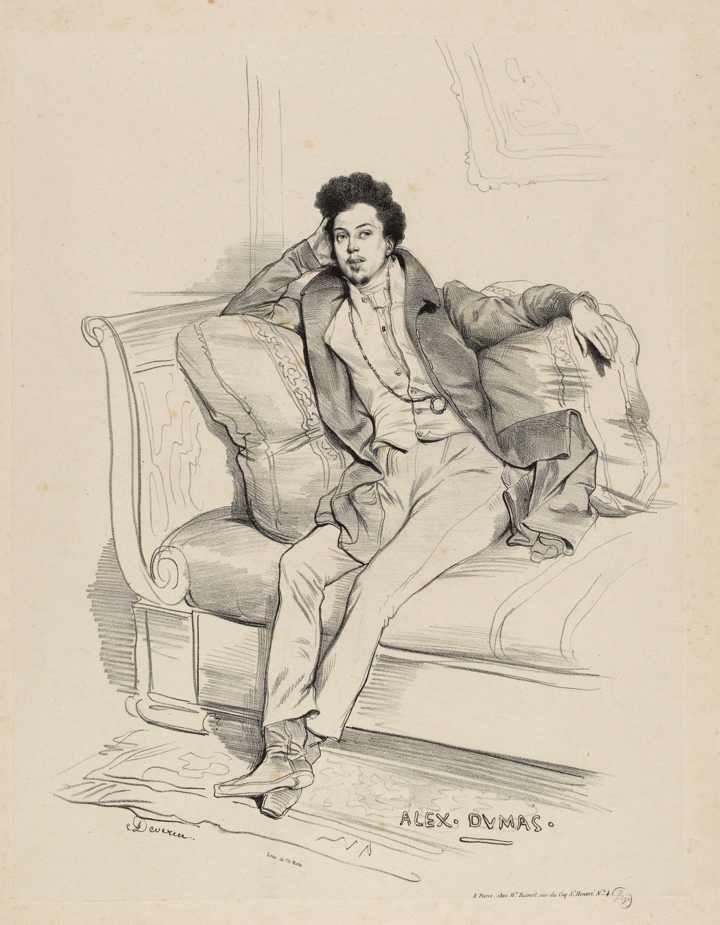 Achille Devéria, Portrait d'Alexandre Dumas père (1802-1870), assis dans un canapé