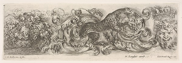 Stefano della Bella, Design for a Frieze with Acanthus Scrolls and a Leopard in the Center, plate 10 from "Decorative friezes and foliage" (Ornamenti di fregi e fogliami)