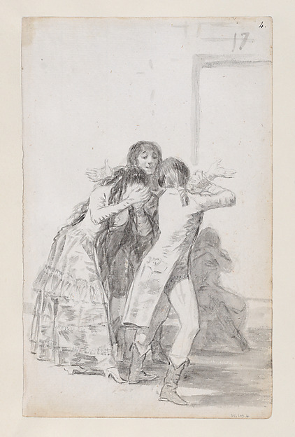 Goya (Francisco de Goya y Lucientes), Young woman weeping and covering her face with her hands, accompanied by men; folio 17 (recto) from the Madrid Album "B"
