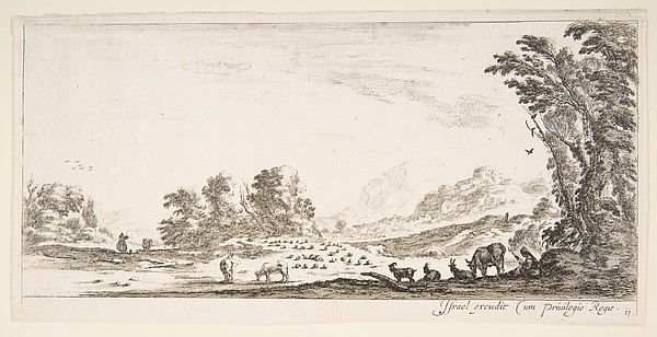 Stefano della Bella, Plate 11: shepherdess seated to the right under a tree, watching her flock to the left, mountains to right in the background, from 'Various landscapes' (Divers paysages)